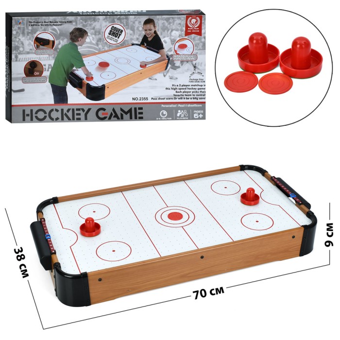 Настільна гра «Аерохокей» 70х38х9 см дерев'яний зі шкалою для ведення рахунку, на батарейках, у коробці 71х39,5х10 см