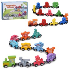 Паровозик та вагони з магнітними кріпленнями, дерев'яні, в асортименті, у коробці 20,5х13,5х4 см.