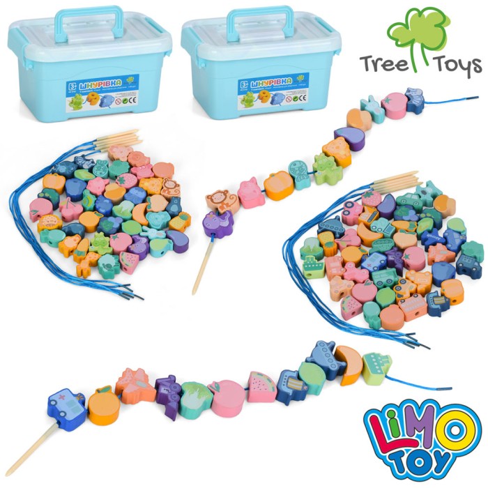 Шнурівка «Овочі, фрукти»: 5 шнурочків та фігурки з назвами англійською, в асортименті, у чемодані 18х9х12,5 см