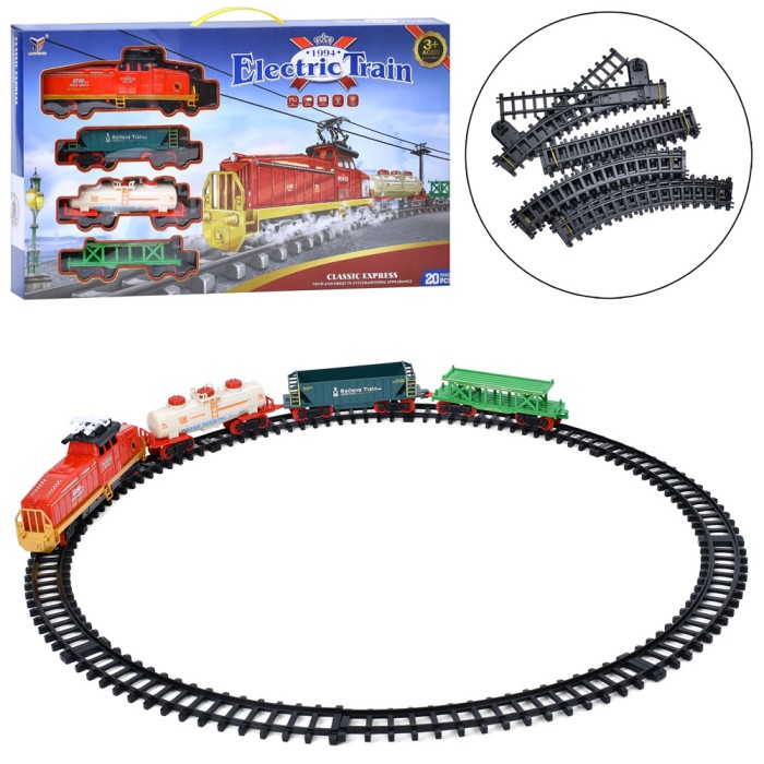 Залізниця 140х76,5 см з 20 деталей зі свіітлом та звуком:локомотив та 3 вагони, звук, на батарейці, у коробці 60х35,5х6,5 см