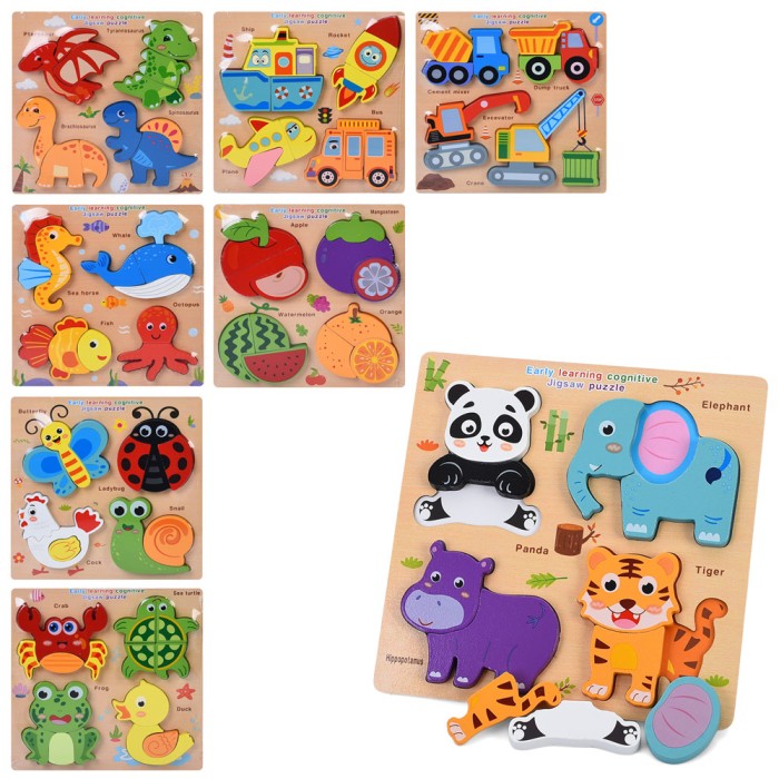 Пазли дерев'яні 4 в 1 з англійськими назвами, в асортименті, у пакеті 18х18х1 см