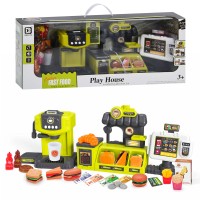 Дитячий супермаркет зі світлом та звуком: фаст-фуд, прилавок, каса 32 см, кавомашина 18 см, продукти, гроші, на батарейці, в коробці 59х24,5х14,5 см