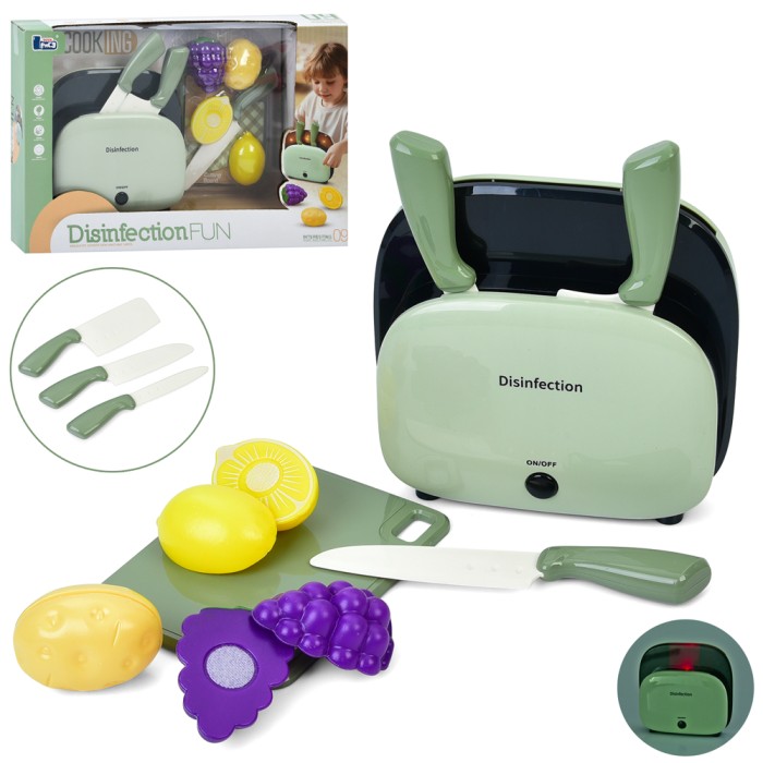 Дезінфектор для ножів зі звуком та світлом, 3 ножі, продукти на липучках, на батарейці, у коробці 35х23х8,5 см