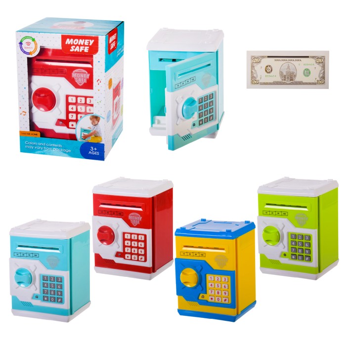 Скарбничка-сейф зі звуком, світоом, кодовим замком, отвором для монет та купюр, на батарейці, в асортименті, у коробці 14,5х14,5х20 см