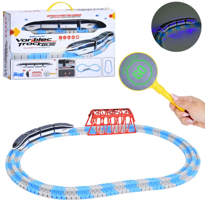 Залізниця 118х48 см на акумуляторі зі світлом та звуком: локомотив 37,5 см та вагони, USB-зарядка, у коробці 46х28,5х10,5 см.