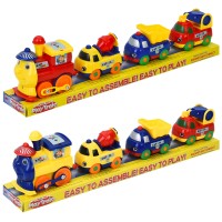 Потяг з 3 вагонами-будтехнікою 32 см на магнітному з`єднанні з рухомими частинами, їздять, на батарейці, в асортименті, під плівкою 34х9х6 см