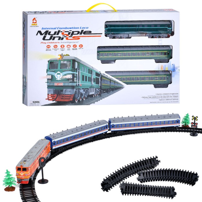 Залізниця 142х98 см зі світлом та звуком: локомотив та 2 вагони, на батарейці, в асортименті, у коробці 56,5х32х7 см