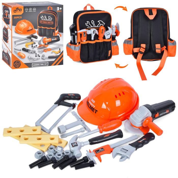 Набір інструментів на 26 предметів у рюкзаку, на батарейках, у коробці 30х26х11 см