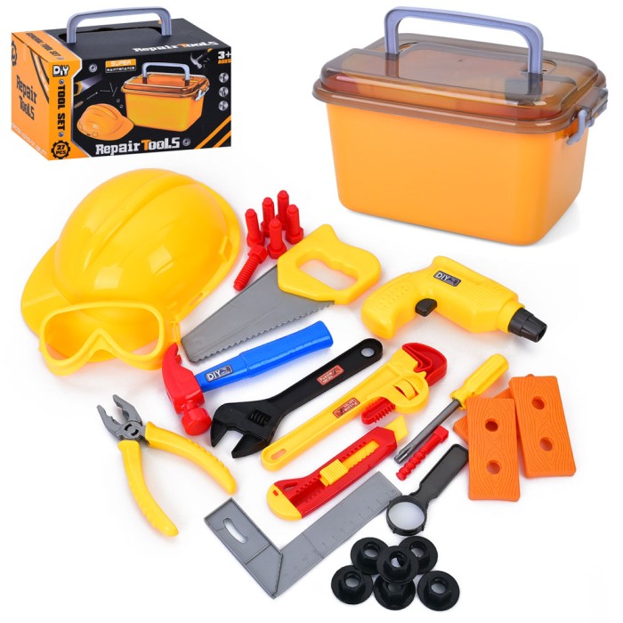 Набір інструментів: каска, ящик, молоток, викрутка, гайкові ключі, маска, пила, у коробці 27х14,5х17,5 см