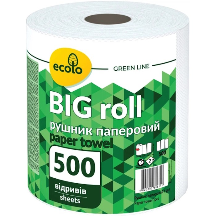 Рушники паперові «Big Roll» білі 2-шарові на 500 відривів, ТМ Ecolo