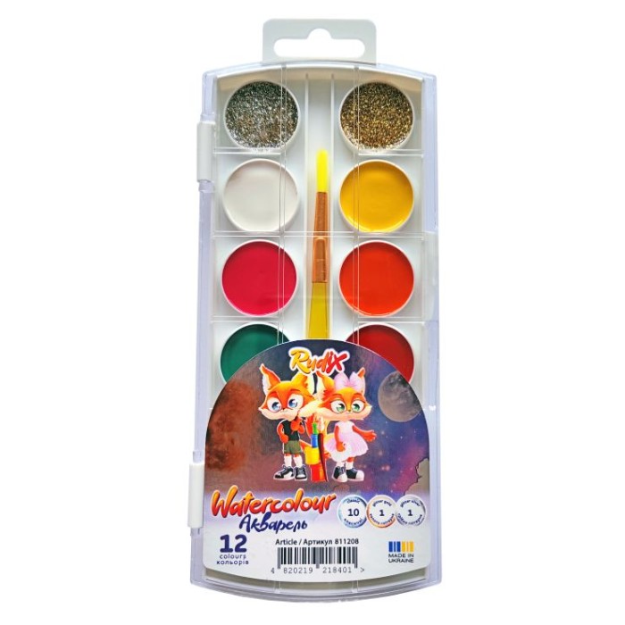 Фарби акварельні на 12 кольорів з золотом і сріблом, з пензликом, пластик, RUDIX