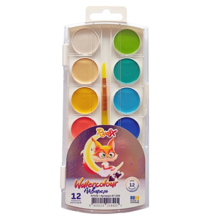 Фарби акварельні на 12 кольорів пастельні з пензликом, пластик, RUDIX