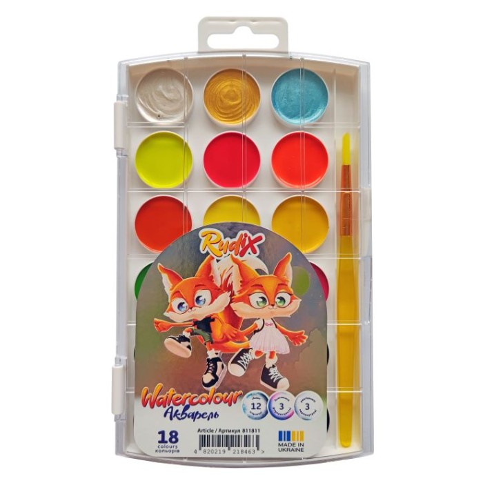 Фарби акварельні на 18 кольорів флурисцентних з пензликом, пластик, RUDIX