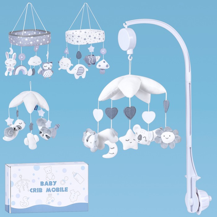 Карусель на ліжечко з заводним механізмом, музикою, підвісками, на батарейці, в асортименті, у коробці 35,5х20х8 см.