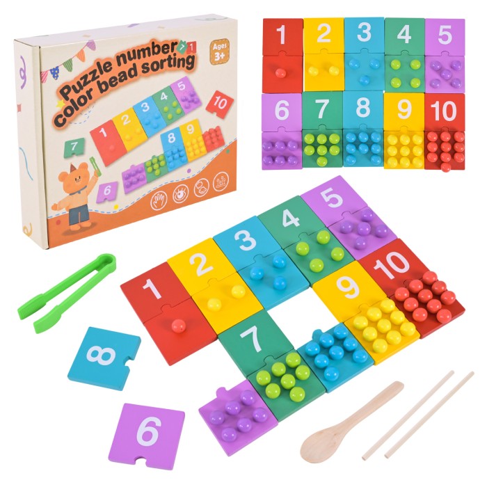 Пазли дерев`яні на 10 елементів з цифрами, намистинами та аксесуарами, у коробці 23х19 см