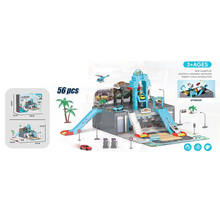 Гараж 62х64х33 см на 56 елементів з ліфтом, 4 машинками по 7 см, вертольотом, дорожніми знаками та деревами, у валізі 37,5х26,5х12 см