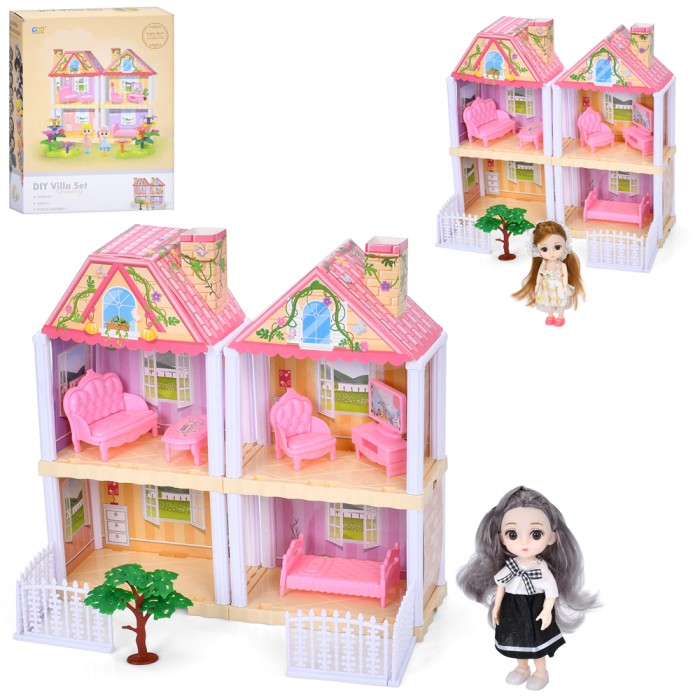 Будиночок 46х30х41 см 2-поверховий на 74 деталі з меблями та лялькою, у коробці 26х33,5х8,5 см