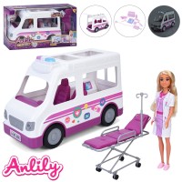 Лялька «Лікарка» 28 см з машинкою 37 см із звуком та світлом, медичною каталкою 25 см та медичними інструментами, у коробці 48х26х17 см.