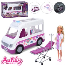 Лялька «Лікарка» 28 см з машинкою 37 см із звуком та світлом, медичною каталкою 25 см та медичними інструментами, у коробці 48х26х17 см.