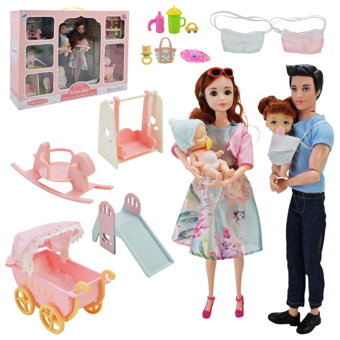 Ляльковий набір: мама, тато, 2 малюки, візочок, ліжечко та аксесуари, у коробці 75х10х36 см
