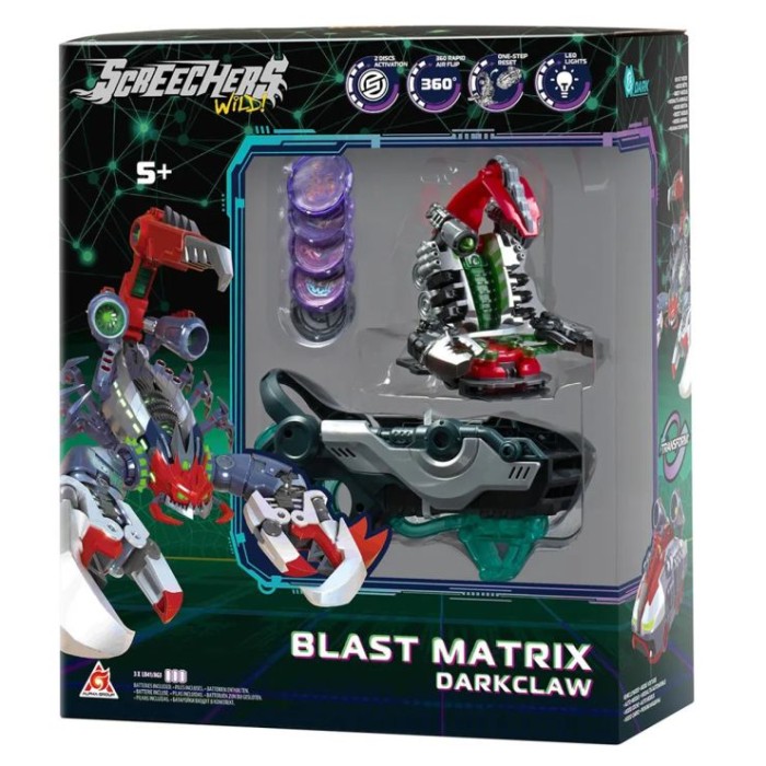 Ігровий набір Screechers Wild! «Дарккло» 9х12х9 см: запускалка-бластер, машина-трансформер та 5 дисків, на батарейці, у коробці 13х30х35 см