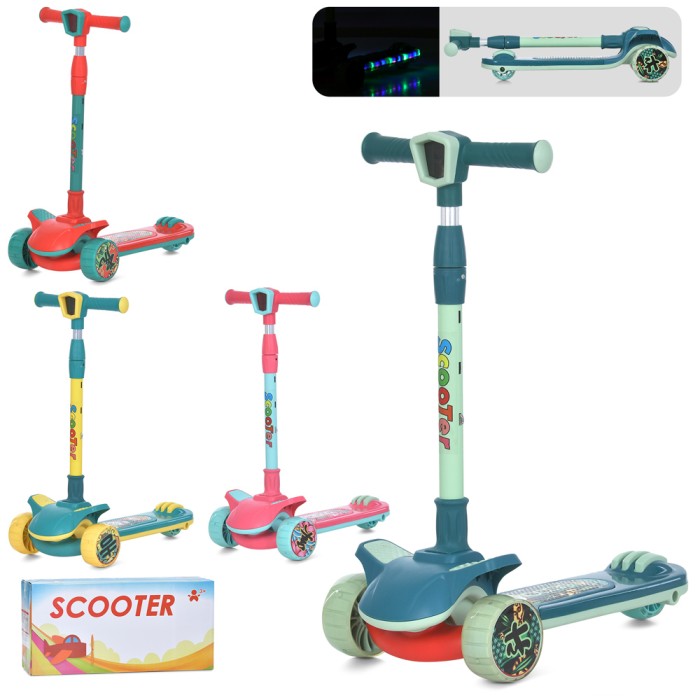 Самокат «Maxi-big» 3-колісний музичний на металевій рамі, колеса PU, 2 передні 110 мм, заднє 75 мм зі світлом, в асортименті, у коробці 65х34х19 см