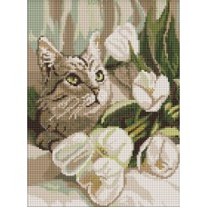 Набір з алмазною мозаїкою «Зеленоокий кіт з тюльпанами» 30х40 см, ТМ Ідейка