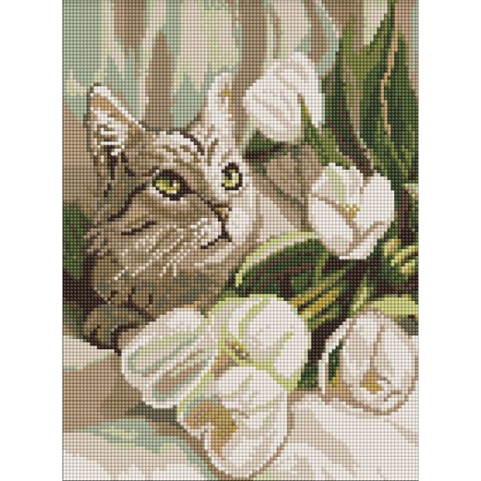 Набір з алмазною мозаїкою «Зеленоокий кіт з тюльпанами» 30х40 см, ТМ Ідейка