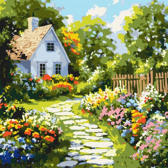 Картина за номерами «Квіти біля хатини» 40х40 см, ТМ Ідейка
