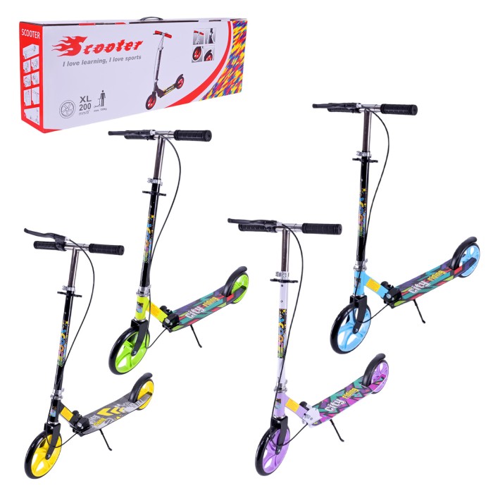 Самокат міський 2-х колісний на сталевій рамі з колесами 200 мм та гальмом, в асортименті, у коробці 79х13х26 см.