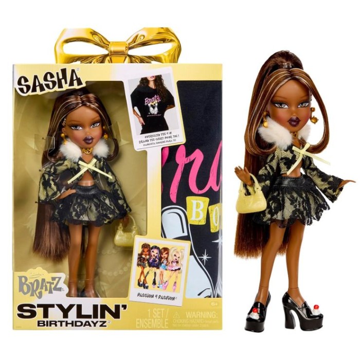 Ігровий набір з лялькою BRATZ «Stylin' Birthday. Саша» 27 см з аксесуарами та футболкою для дівчинки, у коробці 23х6х29 см