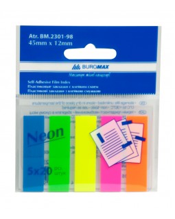 Стикер - закладки пластиковые, клеенные, 45х12 мм, 5х20 листов, неон, в ассортименте, JOBMAX