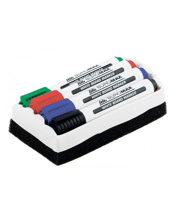 Набор маркеров для магнитных досок 4шт. цвета: зеленый, синий, красный, черный и губка