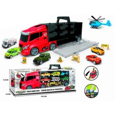 Трейлер-гараж 39 см та 6 видів транспорту від 7см та дорожніми знаками, у коробці 40х15х9,5 см