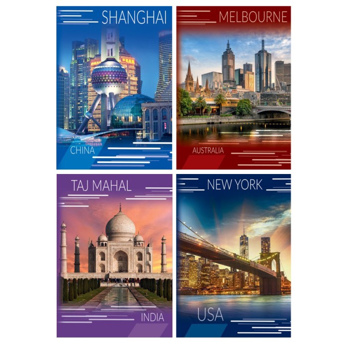 Канцелярська книга «Міста» на 80 аркушів у клітинку на скобі з ламінованою обкладинкою, в асортименті, ТМ Рюкзачок