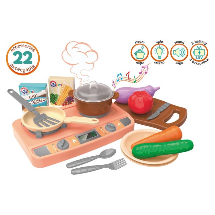 Набір «Кухня» з 22 предметів зі світлом, звуком та парою, на батарейці, у коробці 33х23х10,5 см, ТМ Технок