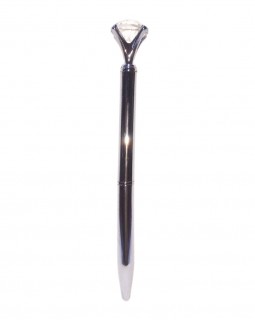 Ручка шариковая металлическая с декором в виде кристалла, серебряная. С серебряным креплением возле